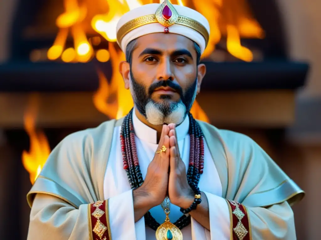 Un sacerdote zoroastriano con vestimenta ceremonial y joyería realiza un ritual sagrado frente a un fuego