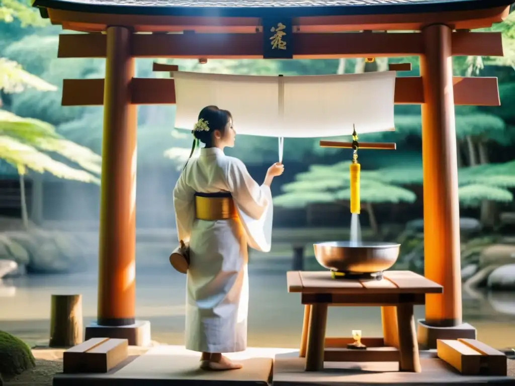Una sacerdotisa realiza una serena práctica de limpieza en un santuario shintoísta, con un kimono blanco y agua fluyendo en un ambiente espiritual