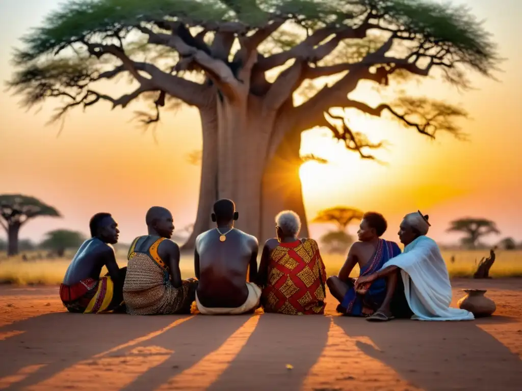 Espíritus sagrados en ceremonia bajo el baobab al atardecer en la aldea africana