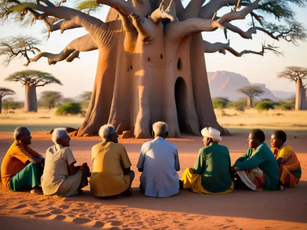 Espíritus sagrados tradiciones filosóficas subsaharianas: Ancianos narran sabiduría bajo baobab al atardecer, con jóvenes oyentes en círculo