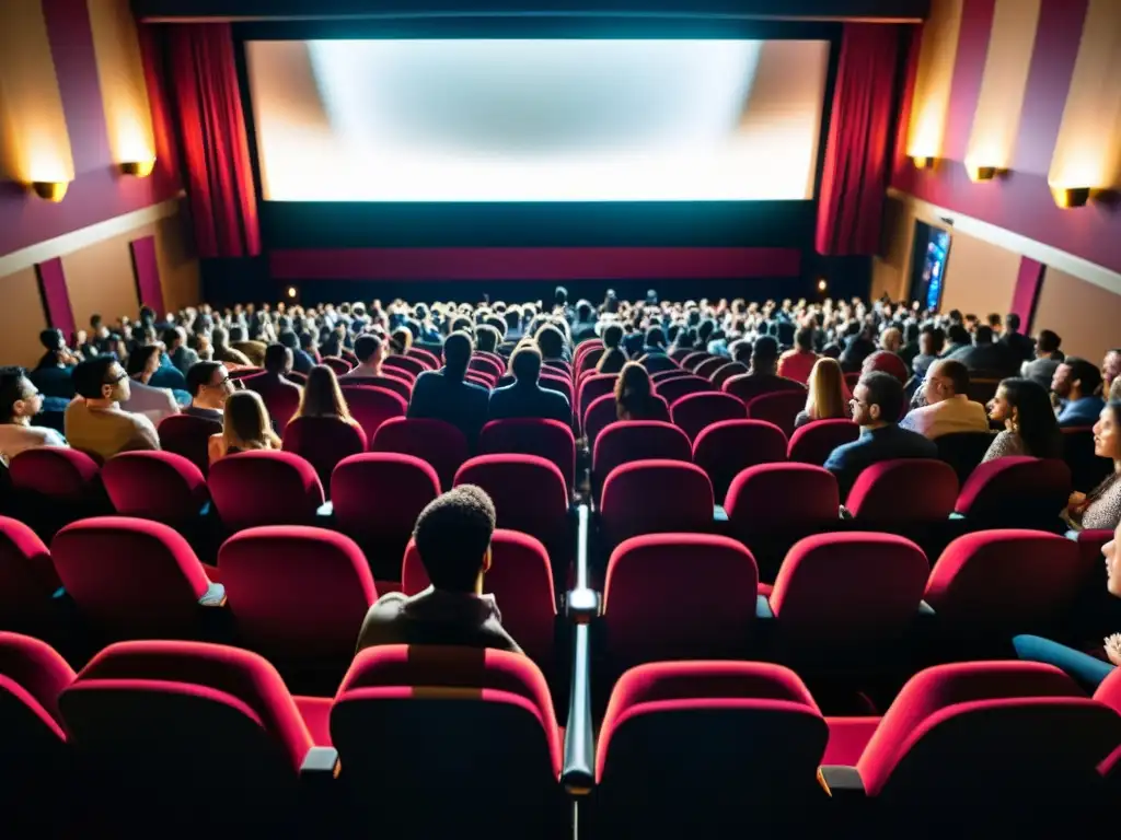 Una sala de cine repleta, con una audiencia inmersa en la película, expresando emociones diversas