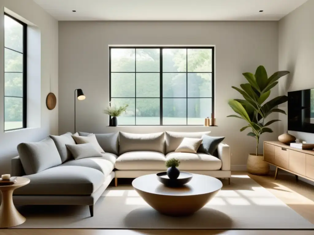 Una sala despejada y serena con decoración minimalista, promoviendo la ética de vida minimalista para reducir huella