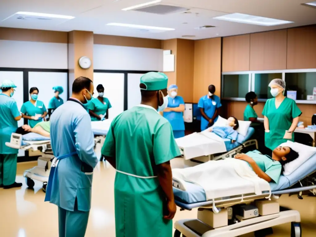 En la sala de emergencias del hospital, el personal médico atiende a pacientes diversos en un ambiente de caos controlado
