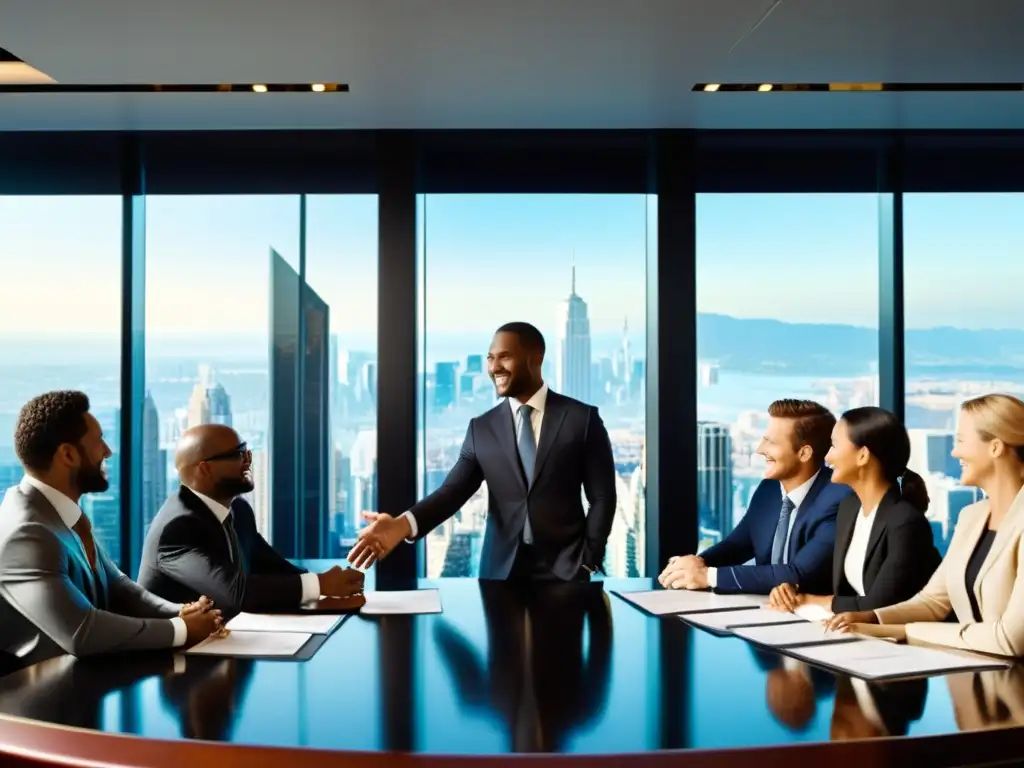 En una sala de juntas, ejecutivos negocian fusiones y adquisiciones