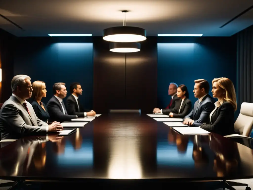 Una sala de juntas oscura y lujosa, con ejecutivos en discusión intensa