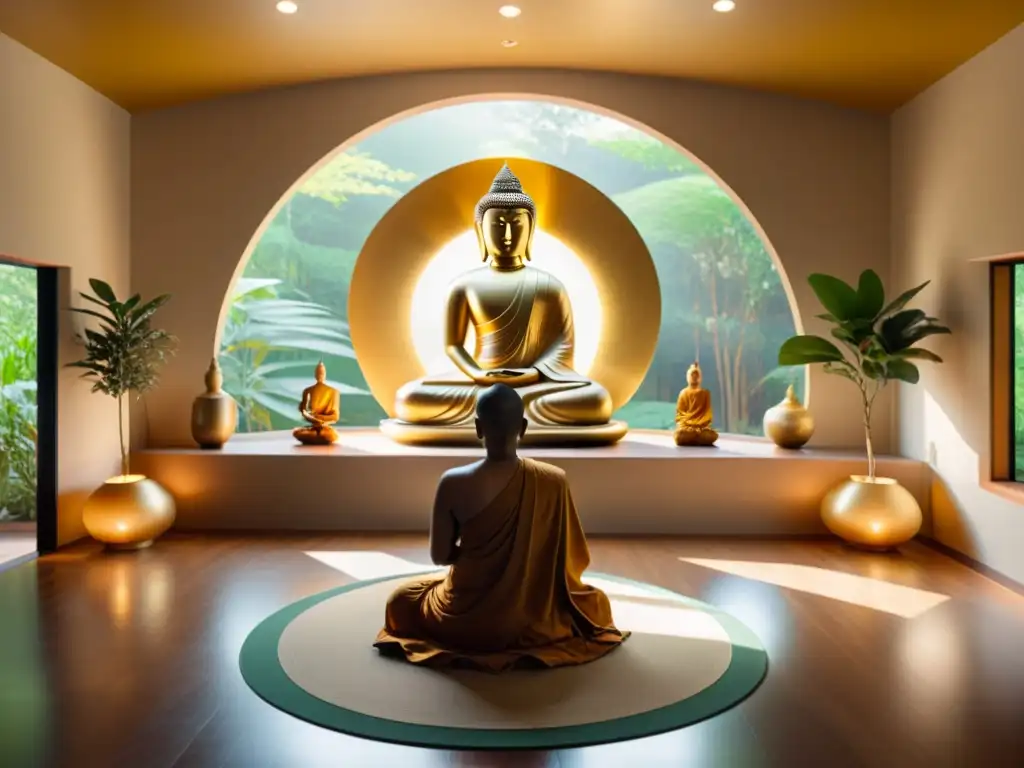 Una sala de meditación tranquila con tonos terrosos, simbolizando la alianza curativa entre Budismo y Psicología contemporánea