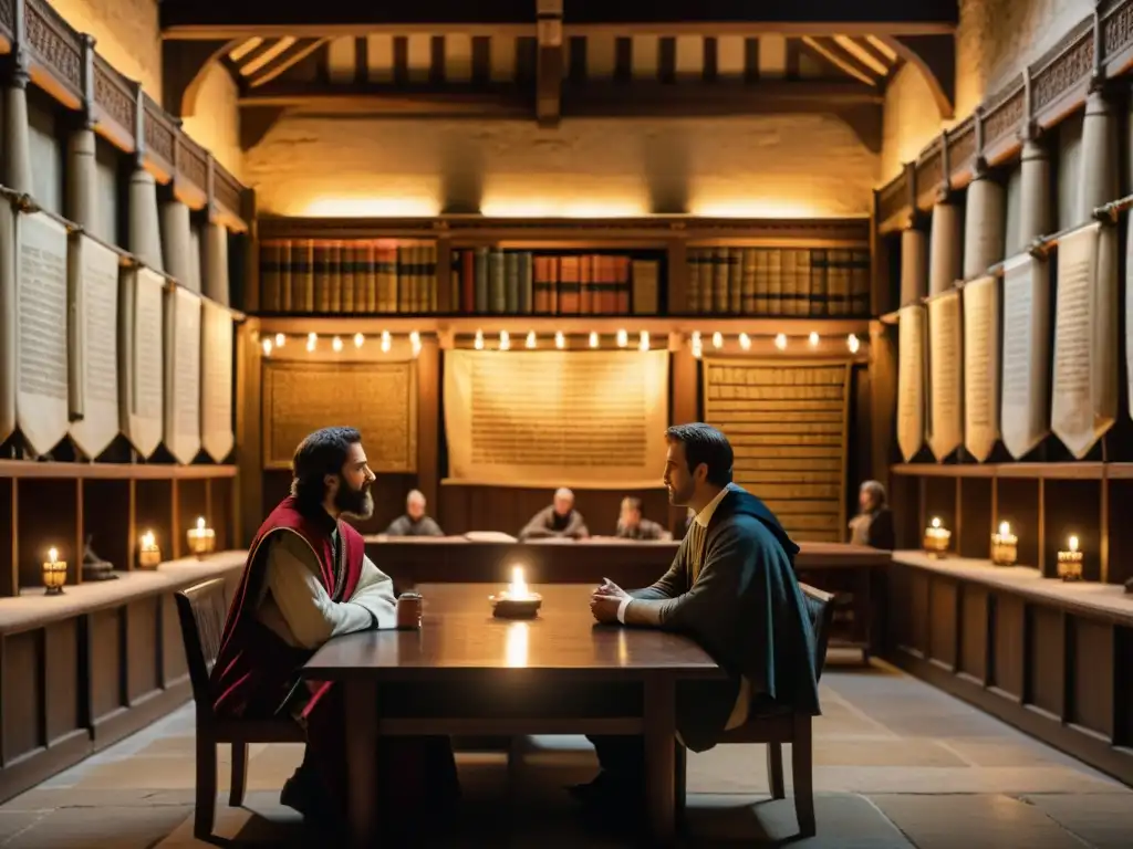 En una sala de piedra iluminada, dos eruditos debaten con pasión sobre realismo nominalismo en la Edad Media, mientras otros observan atentamente