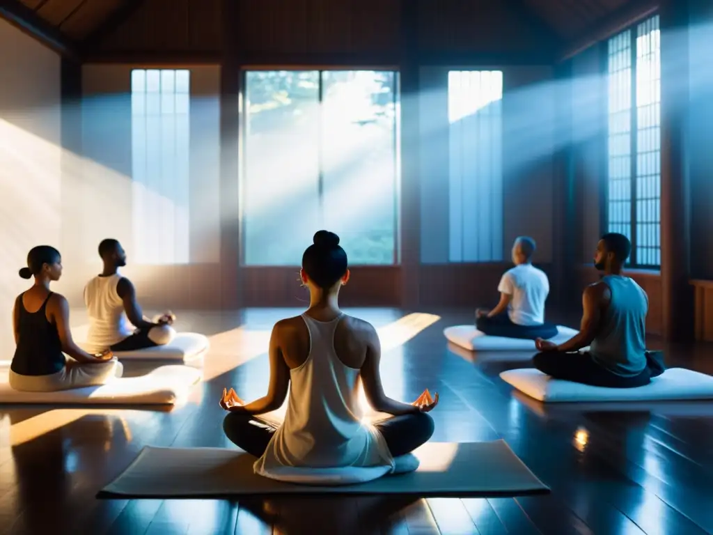 Una sala de meditación serena y tenue, con practicantes en postura de loto