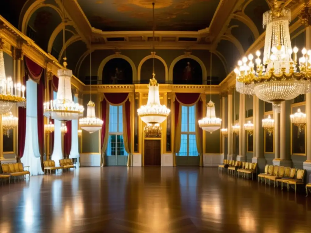 Salón de baile del siglo XVIII, iluminado por candelabros dorados, nobles elegantes disfrutan de la música y la conversación
