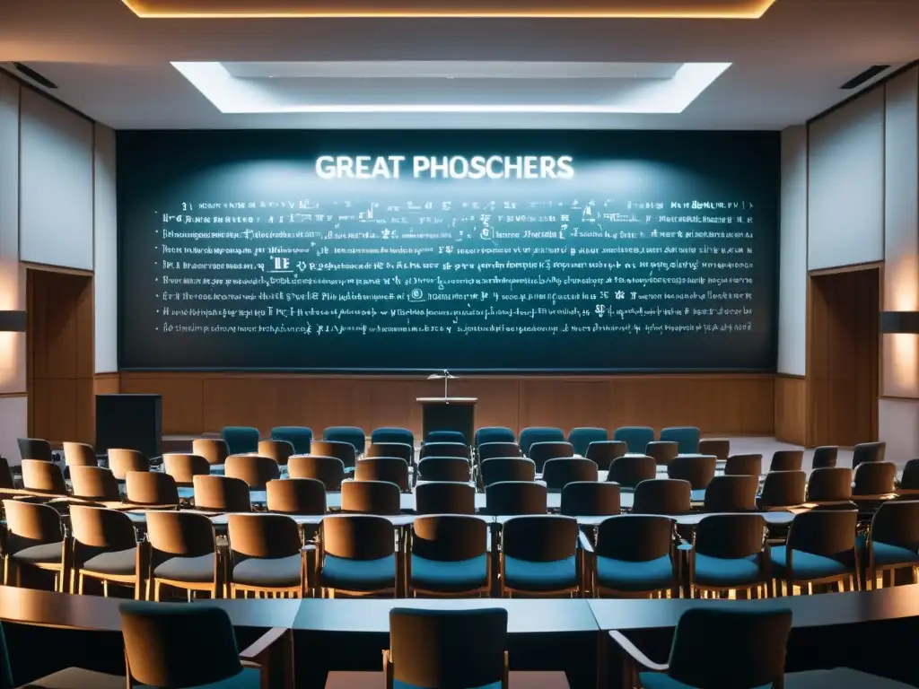 Salón de conferencias vacío con pizarrón lleno de ecuaciones filosóficas, una luz ilumina el podio
