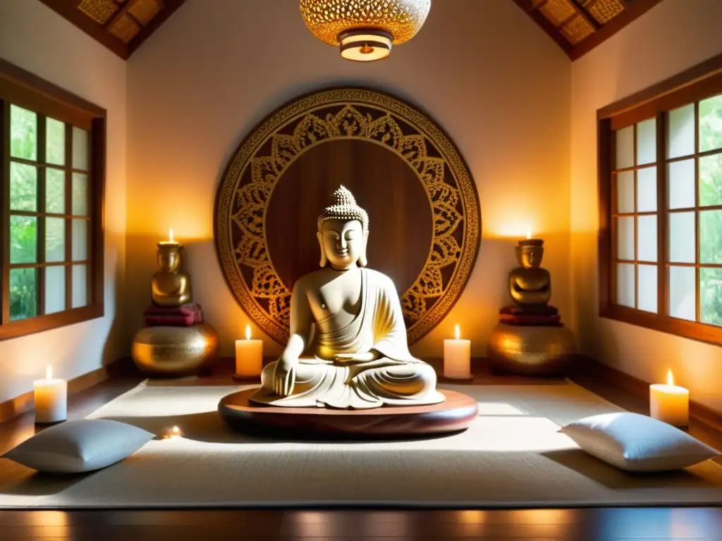 Un salón de meditación iluminado por el sol, con una estatua de Buda tallada y decoraciones exquisitas