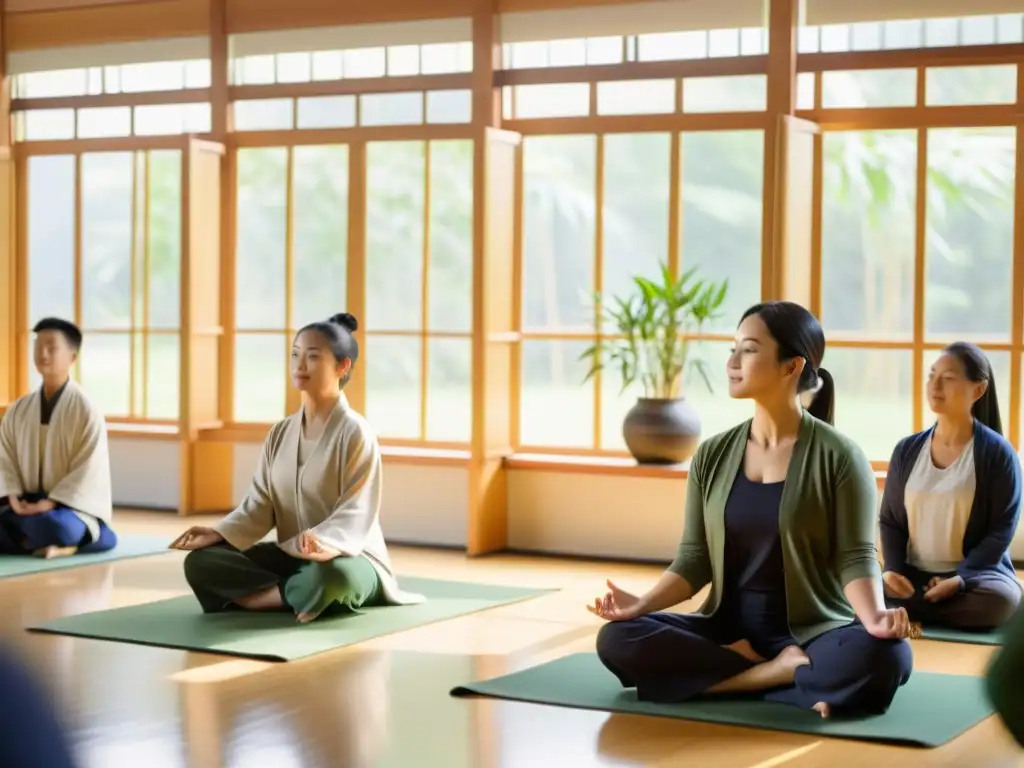 Salón iluminado por el sol, estudiantes practican tai chi y meditación
