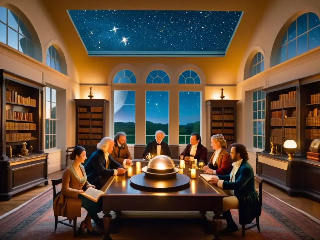 Salón del siglo XVIII iluminado por velas, con figuras influyentes debatiendo sobre astronomía y filosofía, rodeados de libros, instrumentos científicos y mapas celestes