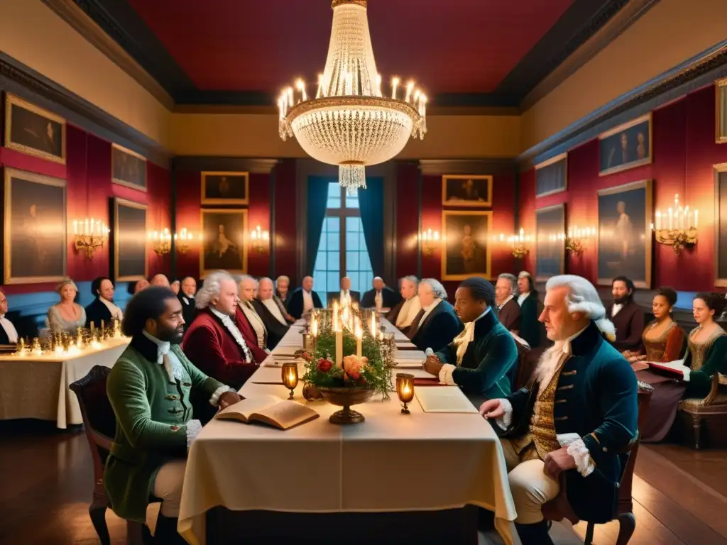 Un salón del siglo XVIII lleno de intelectuales debatiendo apasionadamente, iluminado por velas