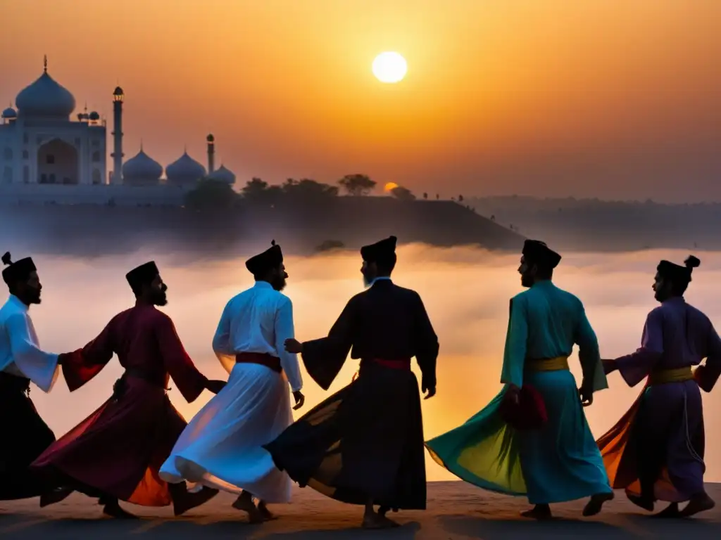 Un Sama Sufi al amanecer, con devotos danzando en un espacio sagrado