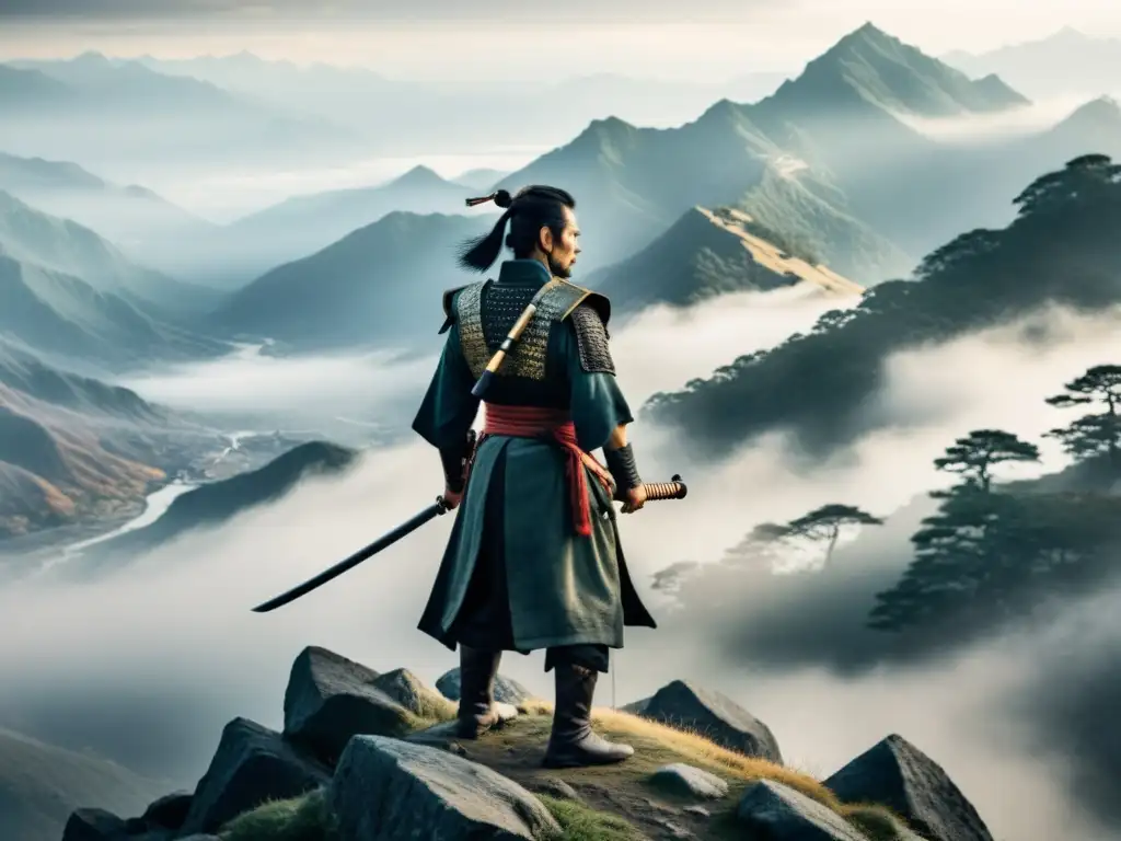Un samurái anciano reflexiona en la cima neblinosa de una montaña, encarnando la ética samurái y la moralidad en Nietzsche