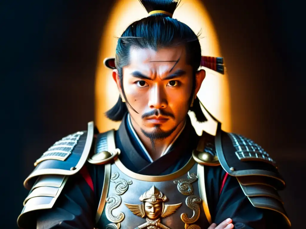 Un samurái con armadura tradicional sostiene una espada katana con determinación y sabiduría