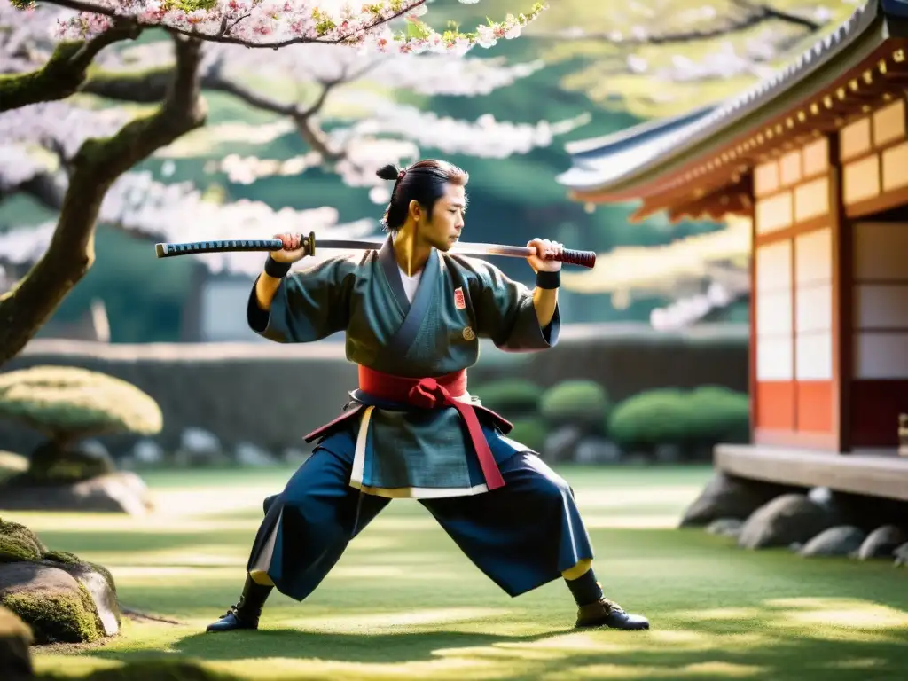 Samurái en jardín japonés: disciplina y belleza ancestral Un samurái practica artes marciales en un jardín zen, rodeado de cerezos en flor