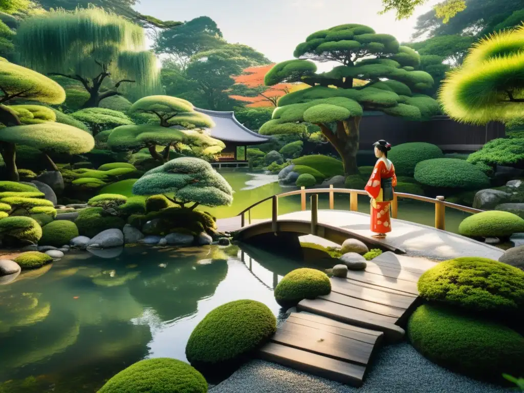 Un samurái medita en un hermoso jardín japonés, rodeado de naturaleza serena