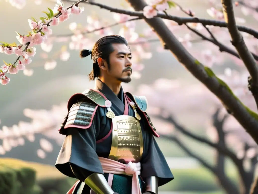 Un samurái sereno y estoico en un jardín de cerezos, reflejando liderazgo samurái para vida cotidiana