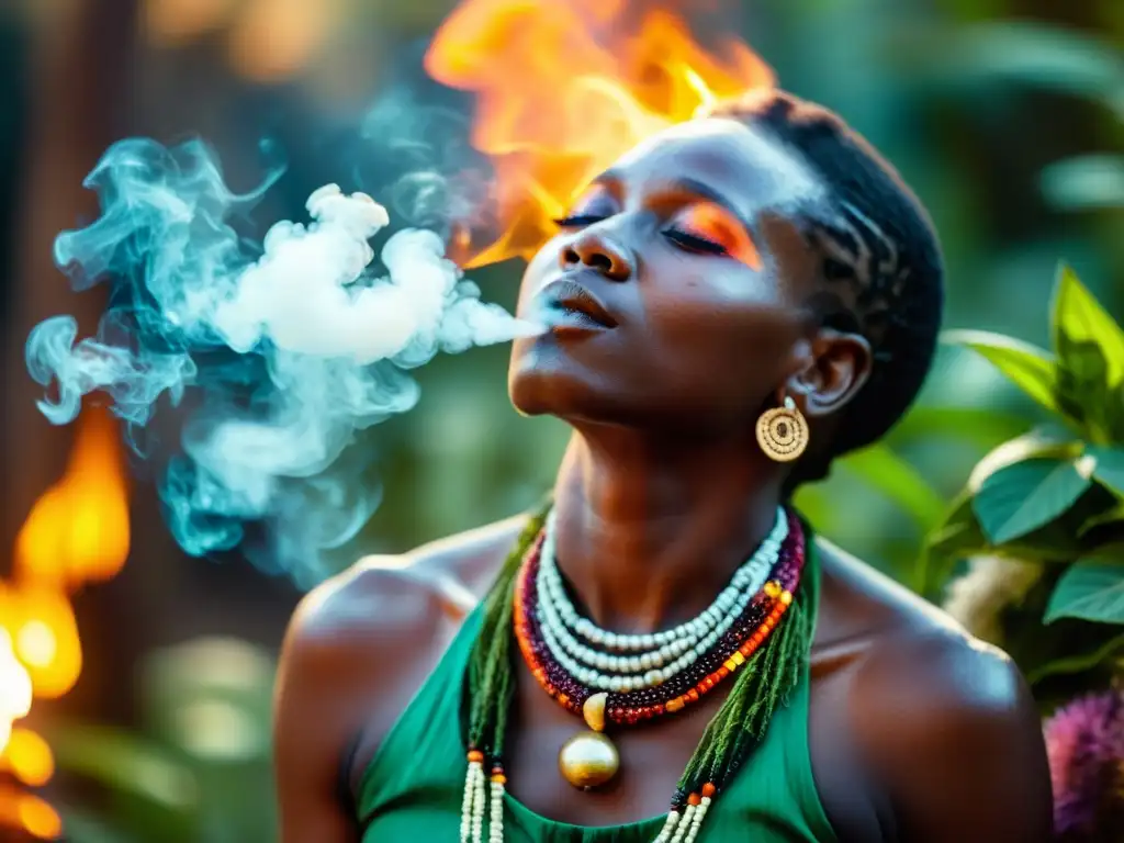 Un sanador africano en ceremonia espiritual con hierbas medicinales, creando una atmósfera mística