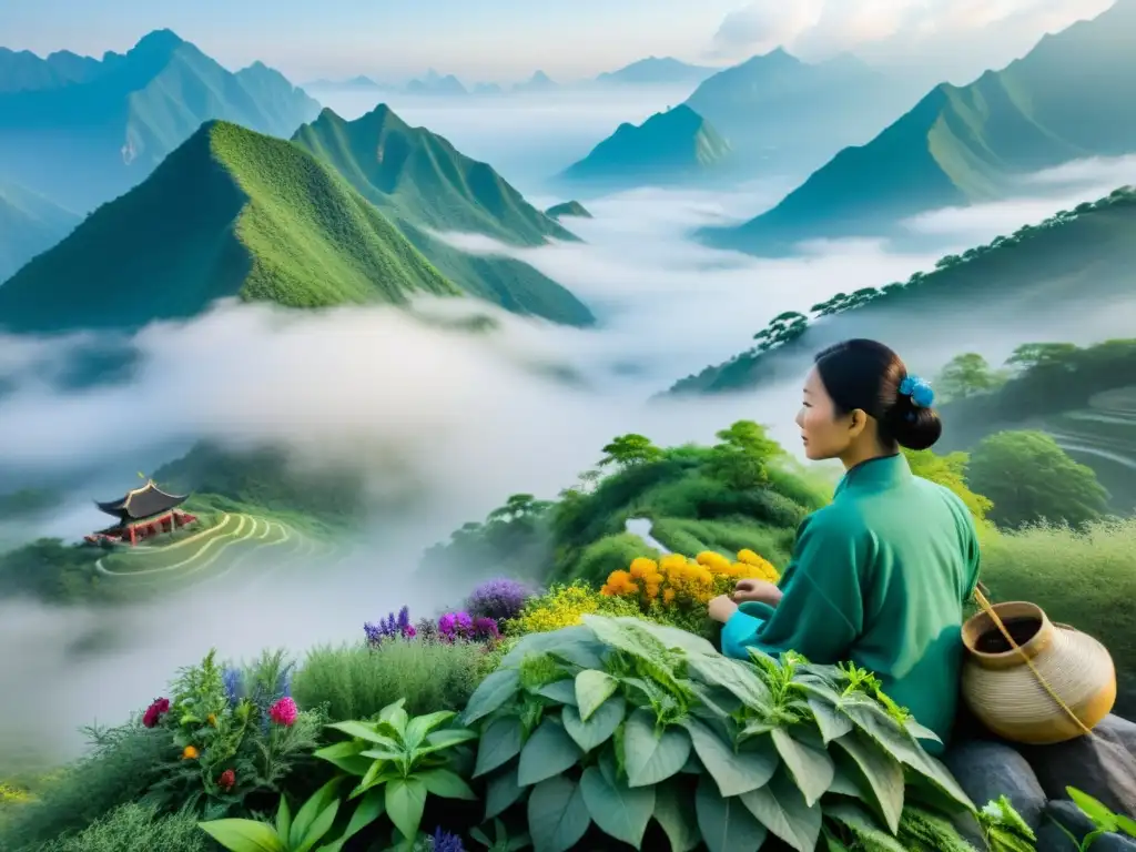 Un sanador de medicina tradicional china recoge hierbas en un paisaje montañoso cubierto de niebla en China, evocando la longevidad y la salud