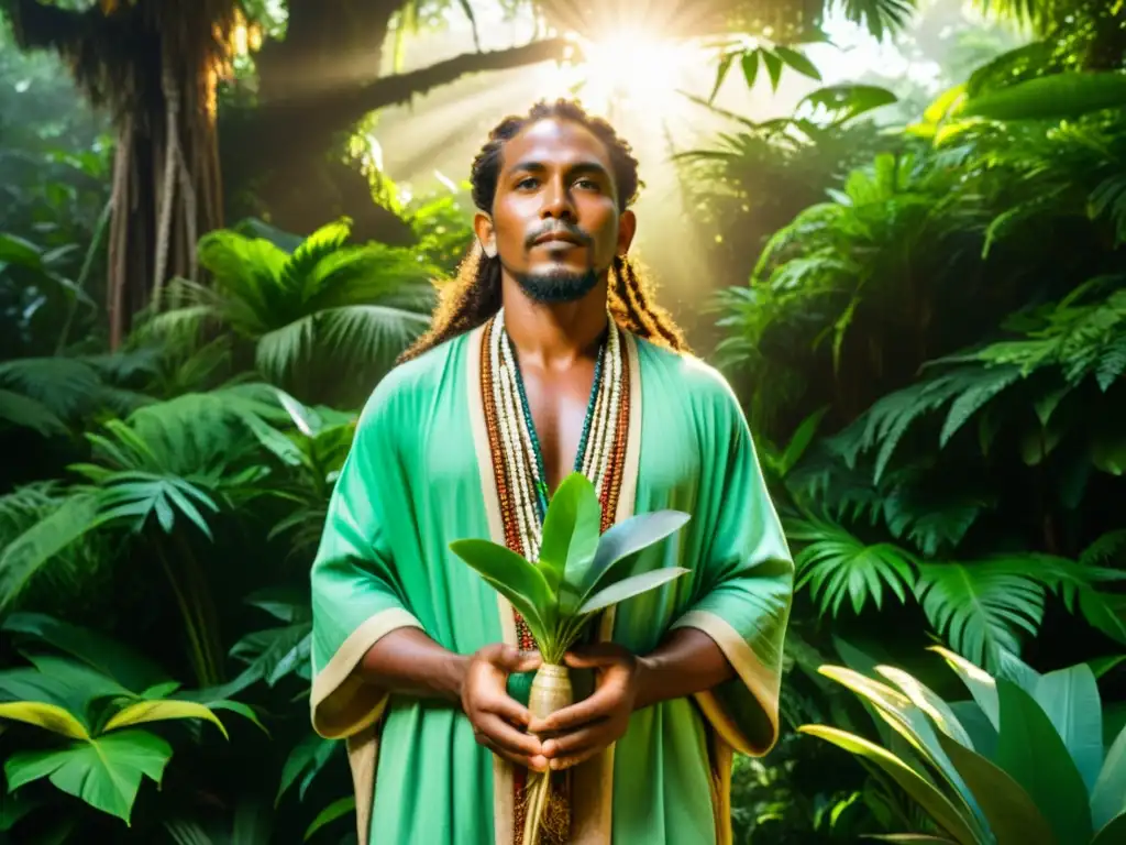 Un sanador tradicional del océano en la exuberante jungla con plantas sagradas