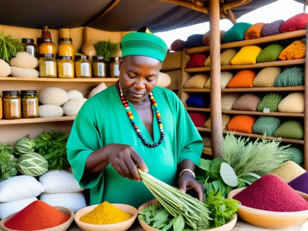 Un sanador tradicional africano seleccionando hierbas medicinales en un bullicioso mercado, mostrando la filosofía de la sanación medicinales africanas