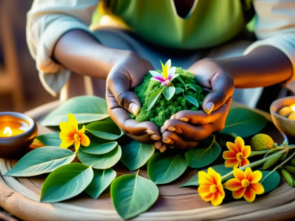 Un sanador tradicional en Oceanía prepara una poción medicinal con plantas sagradas