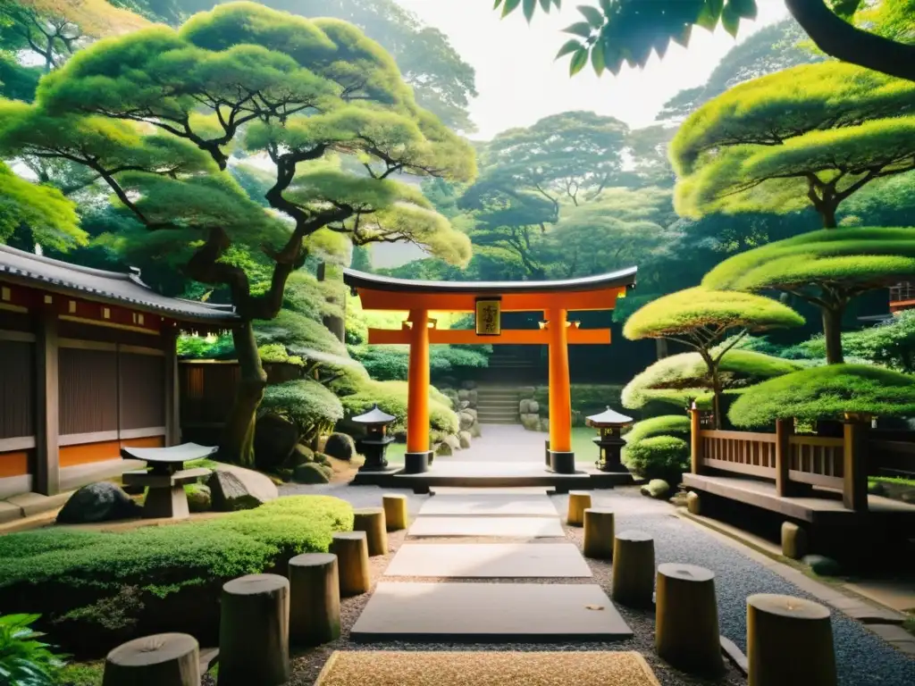 Un santuario japonés Shinto rodeado de exuberante vegetación
