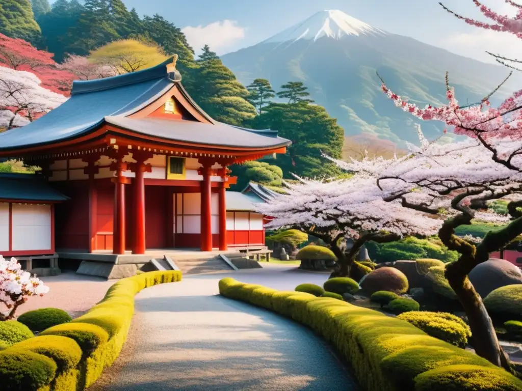 Un santuario japonés tradicional en medio de un impresionante paisaje de cerezos en flor