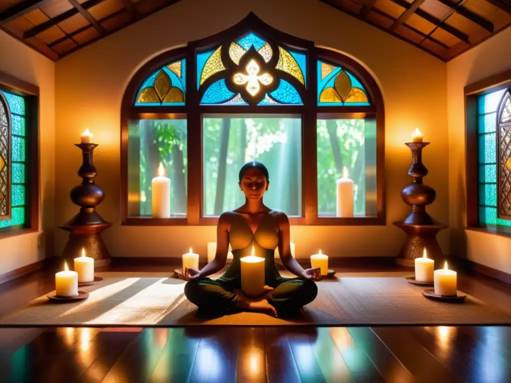 Un santuario de meditación con luz dorada y mantras como herramienta para transformación