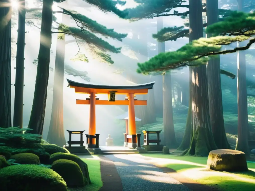 Un santuario Shinto antiguo entre cedros, con luz filtrándose entre las ramas y un aire de misticismo