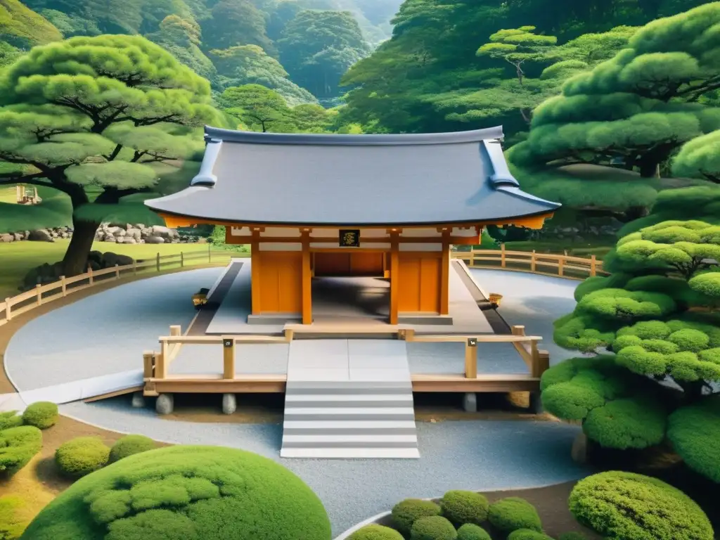Construcción divina de santuario Shinto, arquitectura tradicional japonesa en armonía con la naturaleza