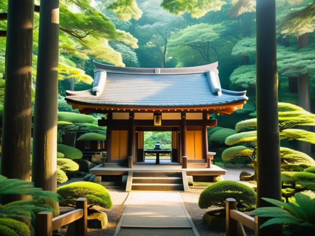 Un santuario Shinto en el bosque, reflejando los Fundamentos de los Cinco Pilares del Shinto con su arquitectura y naturaleza serena