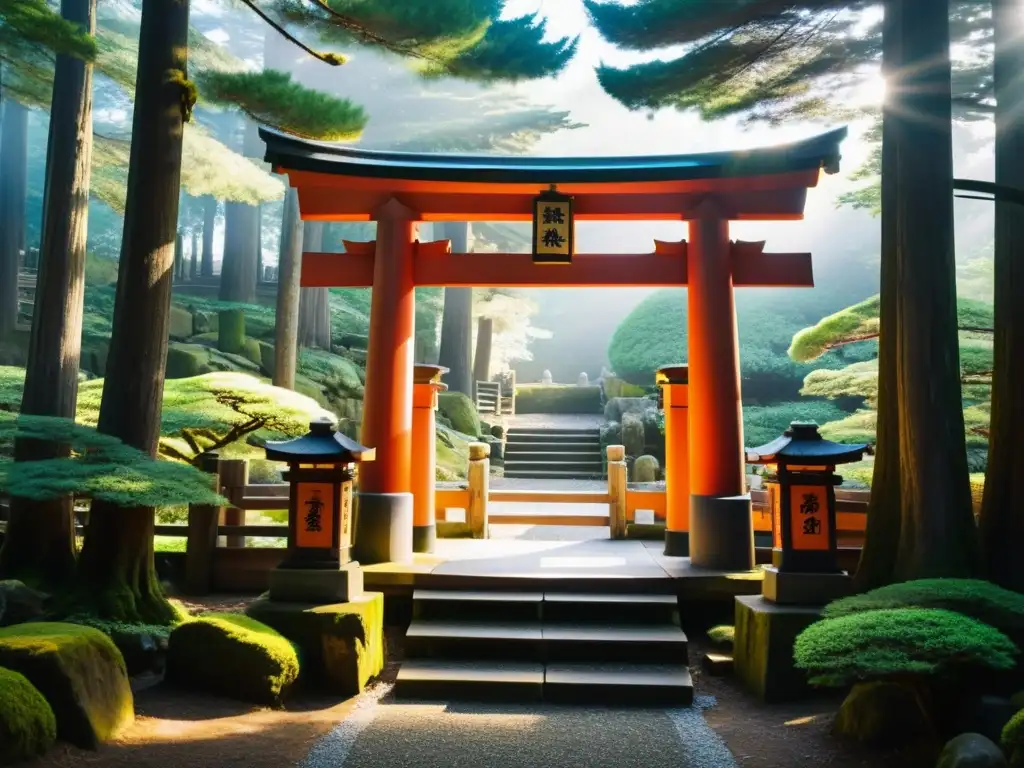 Un santuario Shinto envuelto en neblina entre cedros antiguos, con luz cálida filtrándose y un torii de madera