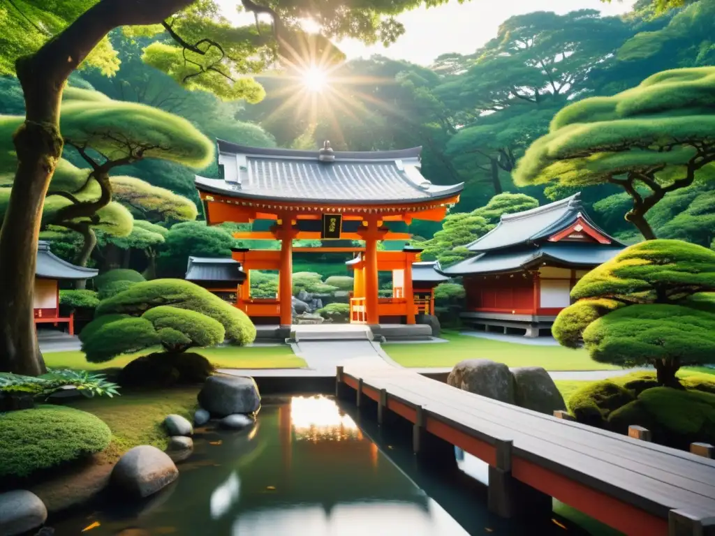 Un santuario Shinto japonés entre árboles verdes, bañado por la cálida luz del sol