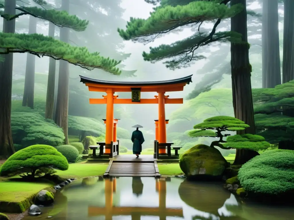 Un santuario Shinto en medio de cedros antiguos, con neblina matutina y una atmósfera etérea