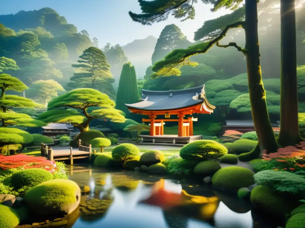 Un santuario Shinto se funde con la naturaleza en un bosque exuberante, evocando espiritualidad ecológica Shinto