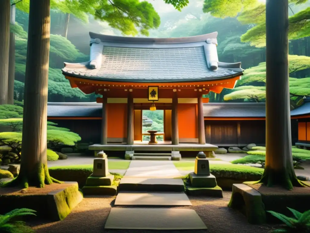 Un santuario Shinto rodeado de naturaleza exuberante, evocando la espiritualidad ecológica Shinto