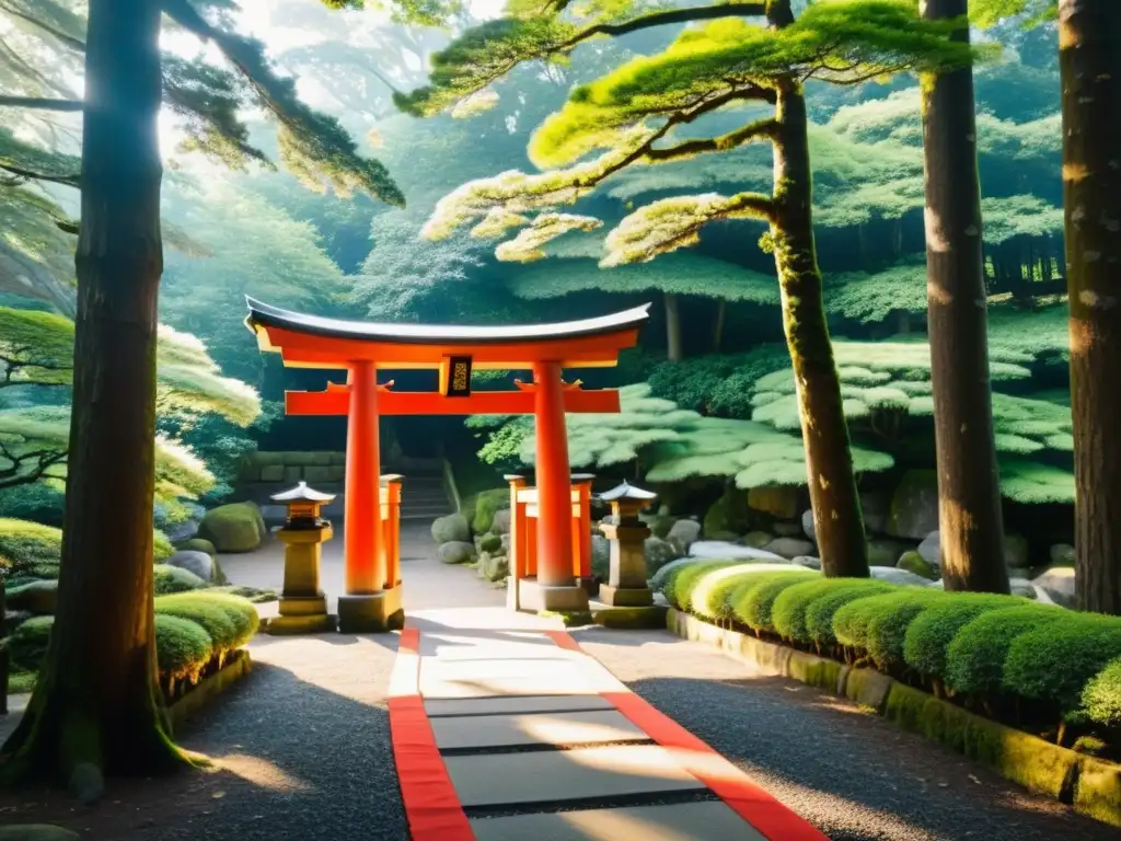 Un santuario Shinto sagrado en un bosque tranquilo con sus torii rojos destacando entre la exuberante vegetación