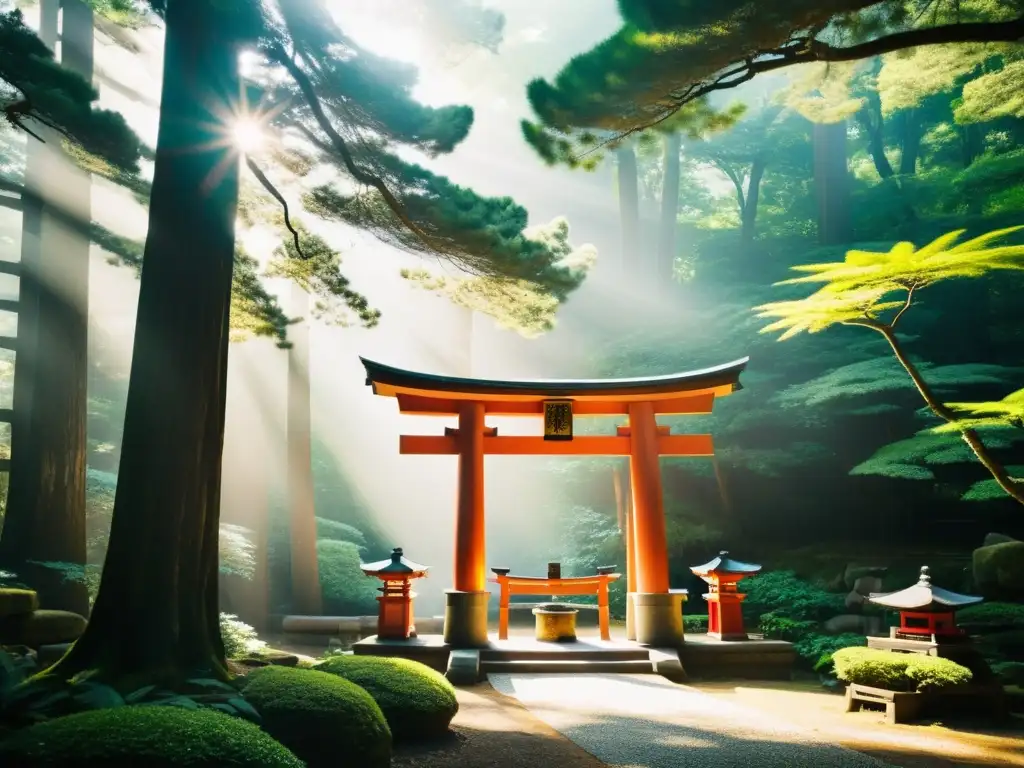 Un santuario Shinto sereno y místico en el bosque, con luz solar que ilumina el torii y la arquitectura tradicional