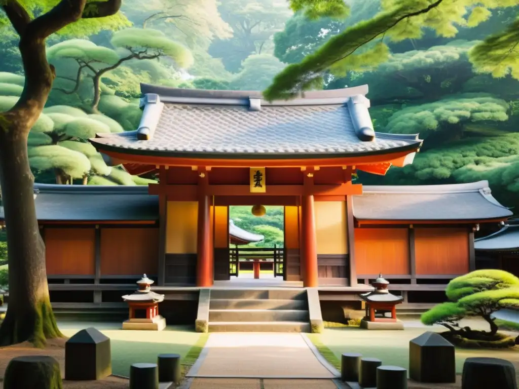 Un santuario Shinto sereno rodeado de exuberante vegetación, con luz suave filtrándose entre las hojas