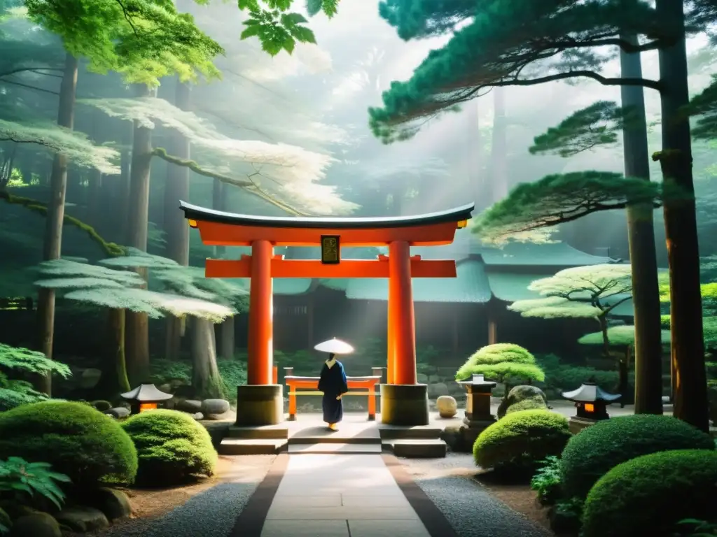 Un santuario sintoísta sereno y neblinoso, rodeado de naturaleza exuberante y fieles en kimonos