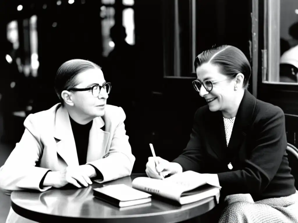 Sartre y Beauvoir discuten apasionadamente en un café parisino, evocando las corrientes filosóficas Europa