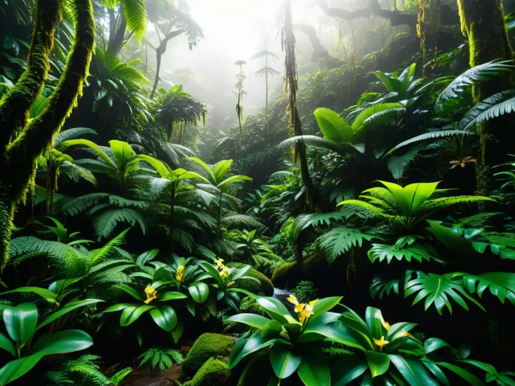 Selva exuberante y densa con un dosel de hojas verdes esmeralda entrelazadas con rayos de sol
