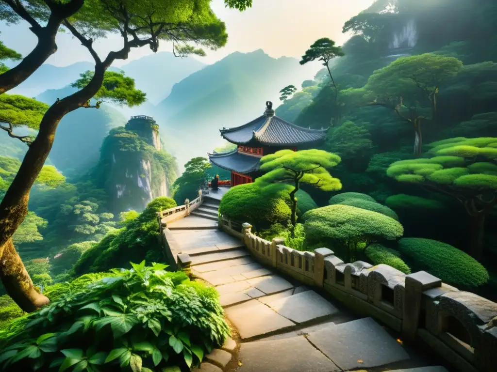Un sendero de montaña cubierto de niebla serpentea entre exuberantes bosques verdes, con antiguos escalones de piedra que conducen a un templo taoísta