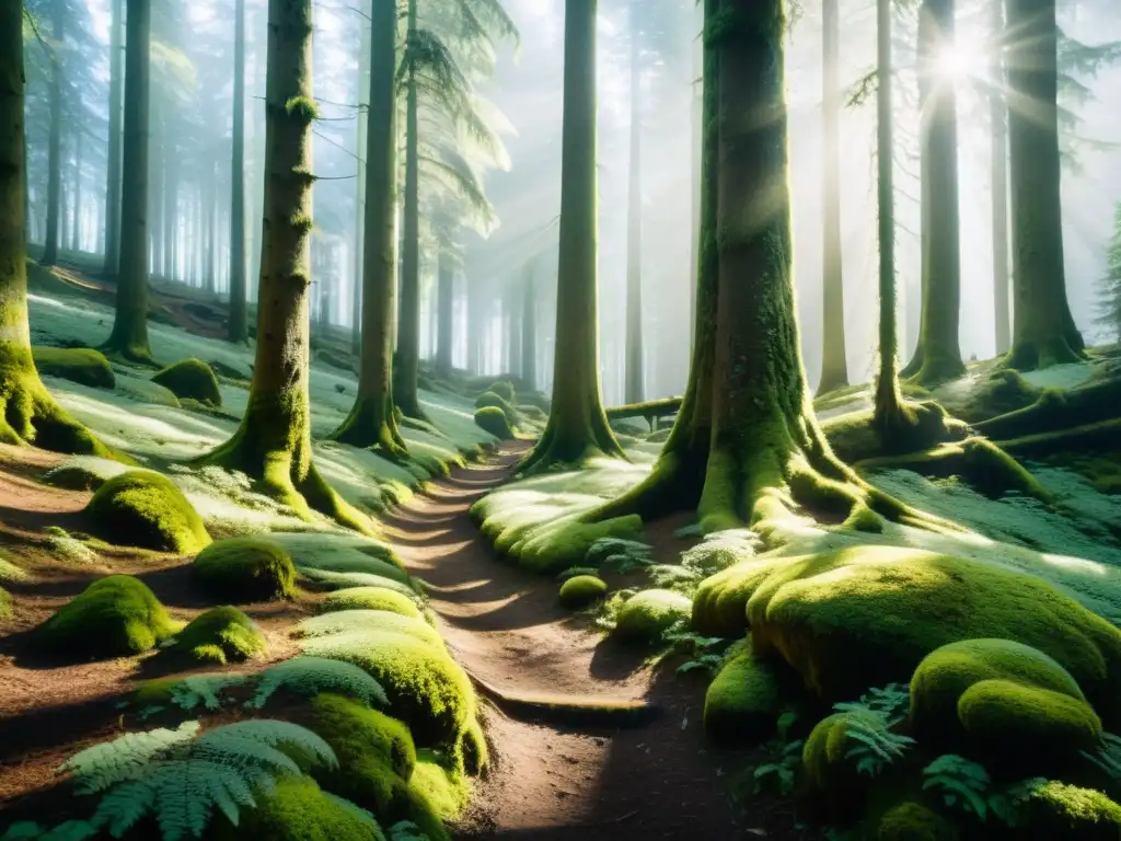 Sendero místico en la Selva Negra con árboles imponentes, musgo y luz filtrada, ideal para Retiros Heideggerianos Selva Negra