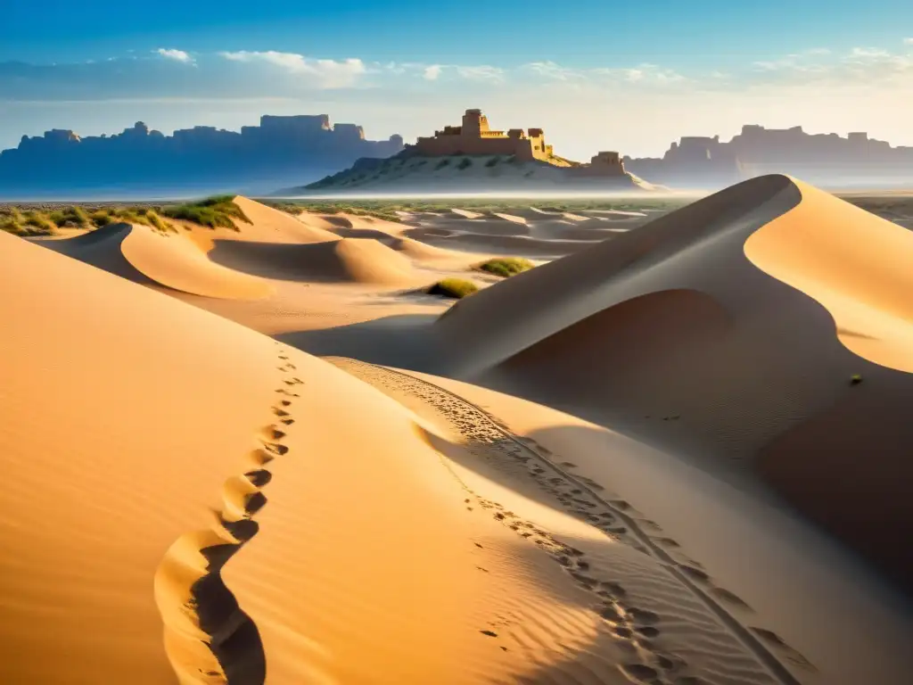 Un sendero de piedra antiguo serpenteando a través de un paisaje desértico, con altas dunas de arena al fondo y un cielo azul vibrante