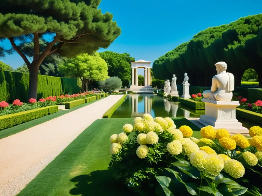 Sendero sereno entre jardines de Epicuro, reflejos de paz en el estanque, oasis de contemplación y placer filosófico